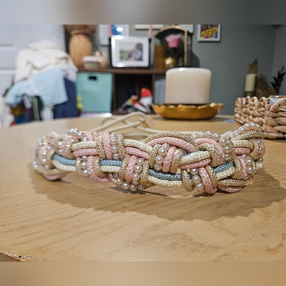 Vintage Braided Rope Belt Pearl Detail Pastel Nautical Statement Waist Belt. M/L main image 12